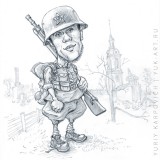 Cartoon Foto mit Tag des Sieges. Soldat der Roten Armee in Uniform