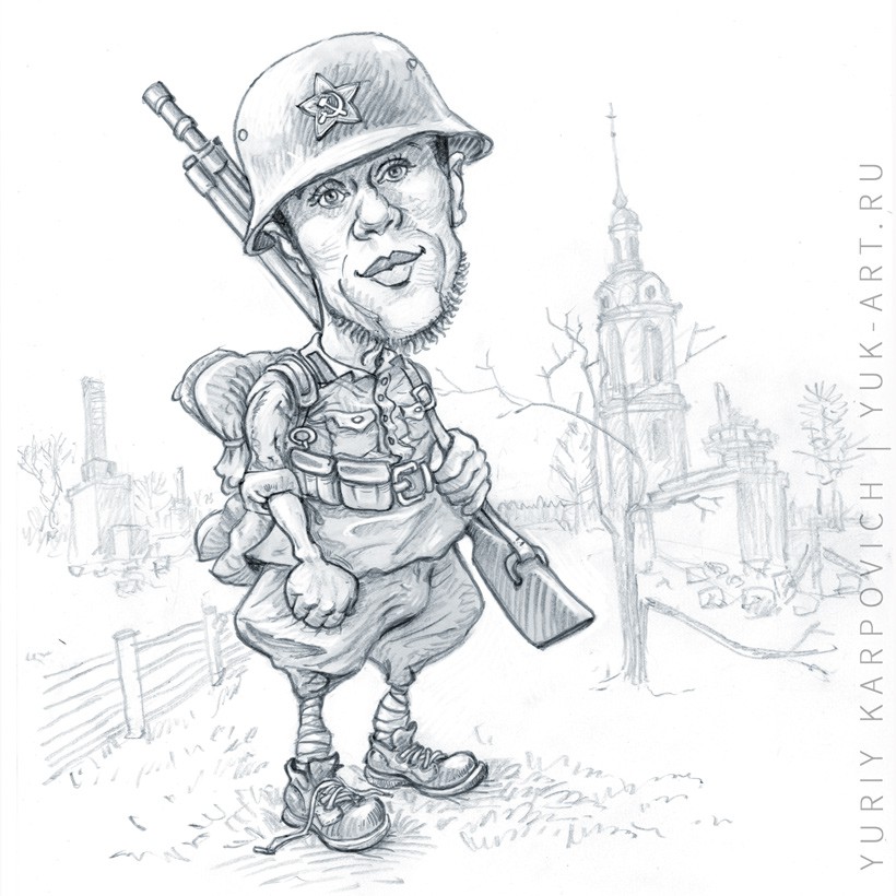 Cartoon photo with Victory Day. Red Army soldier in uniform