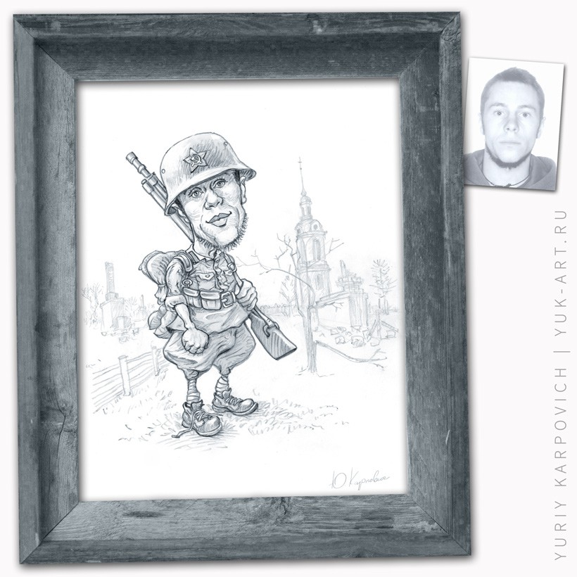 Karikatur eines sowjetischen Soldaten. Bild für den Tag der Verteidiger des Vaterlandes