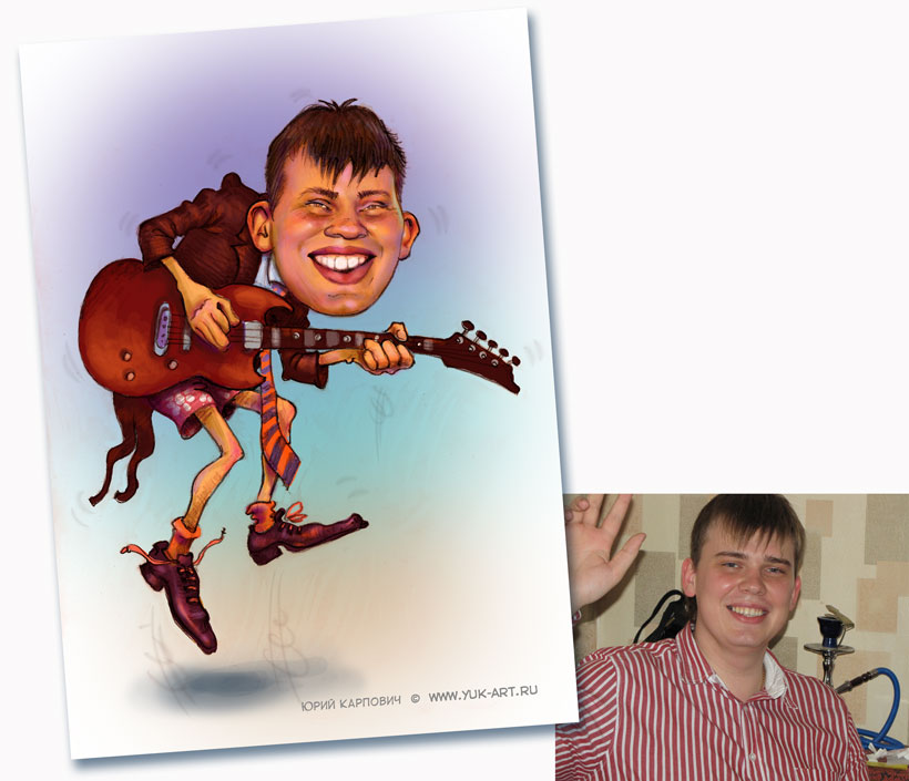 cartoon guitarist, a caricature artist to draw a picture